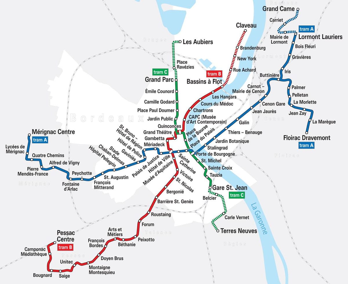Bordeaux tramvají systému mapě