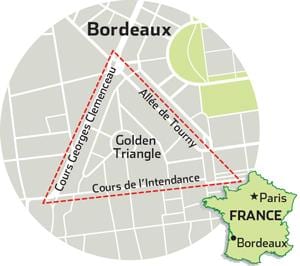 mapa Bordeaux zlatý trojúhelník 
