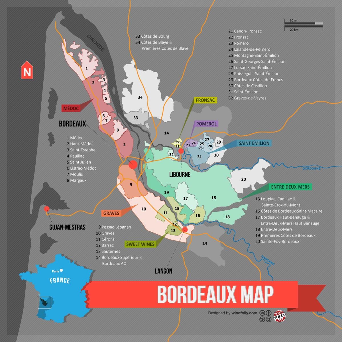 Bordeaux vína, země, mapa